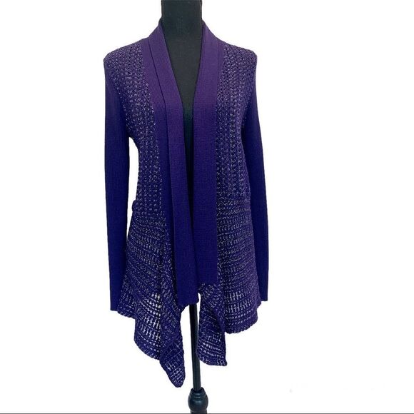 𝅺JONES New York purple metallic glitter open Front asymmetrical knit cardigan S - Picture 1 of 10